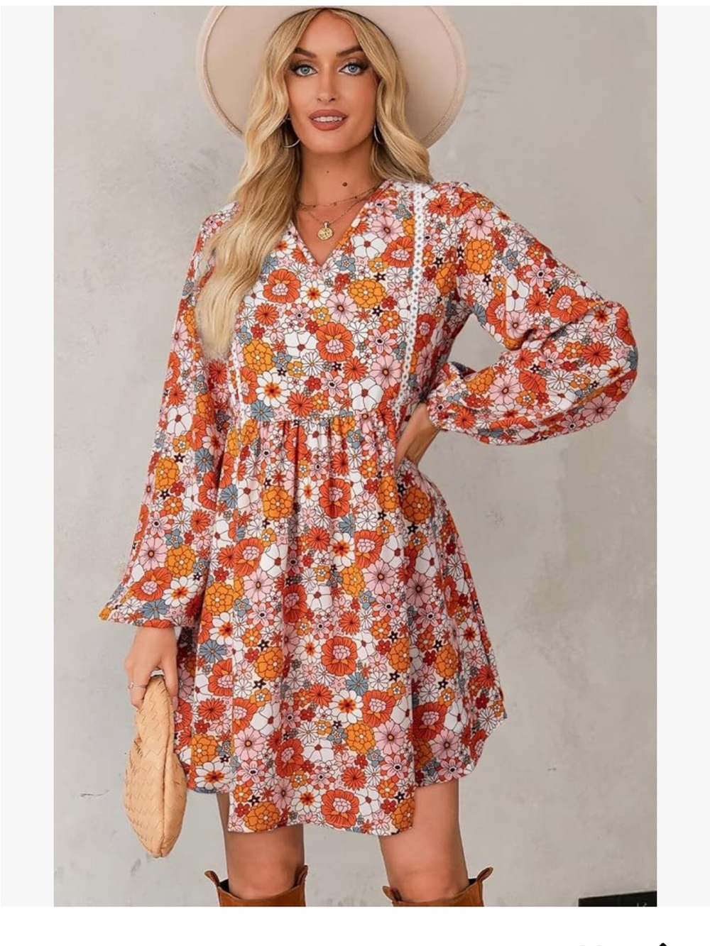 Boho Floral V-Neck Prairie Mini Dress Indie Cottagecore XL - Picture 3 of 13